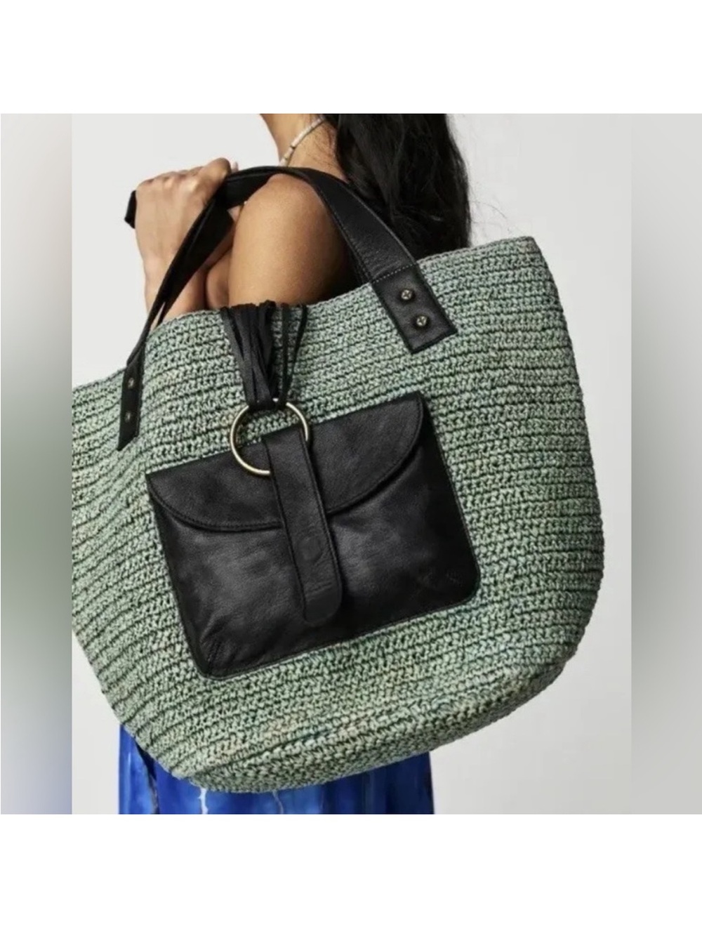 Free People Mint Green Woven Tote with Black Leather Pocket